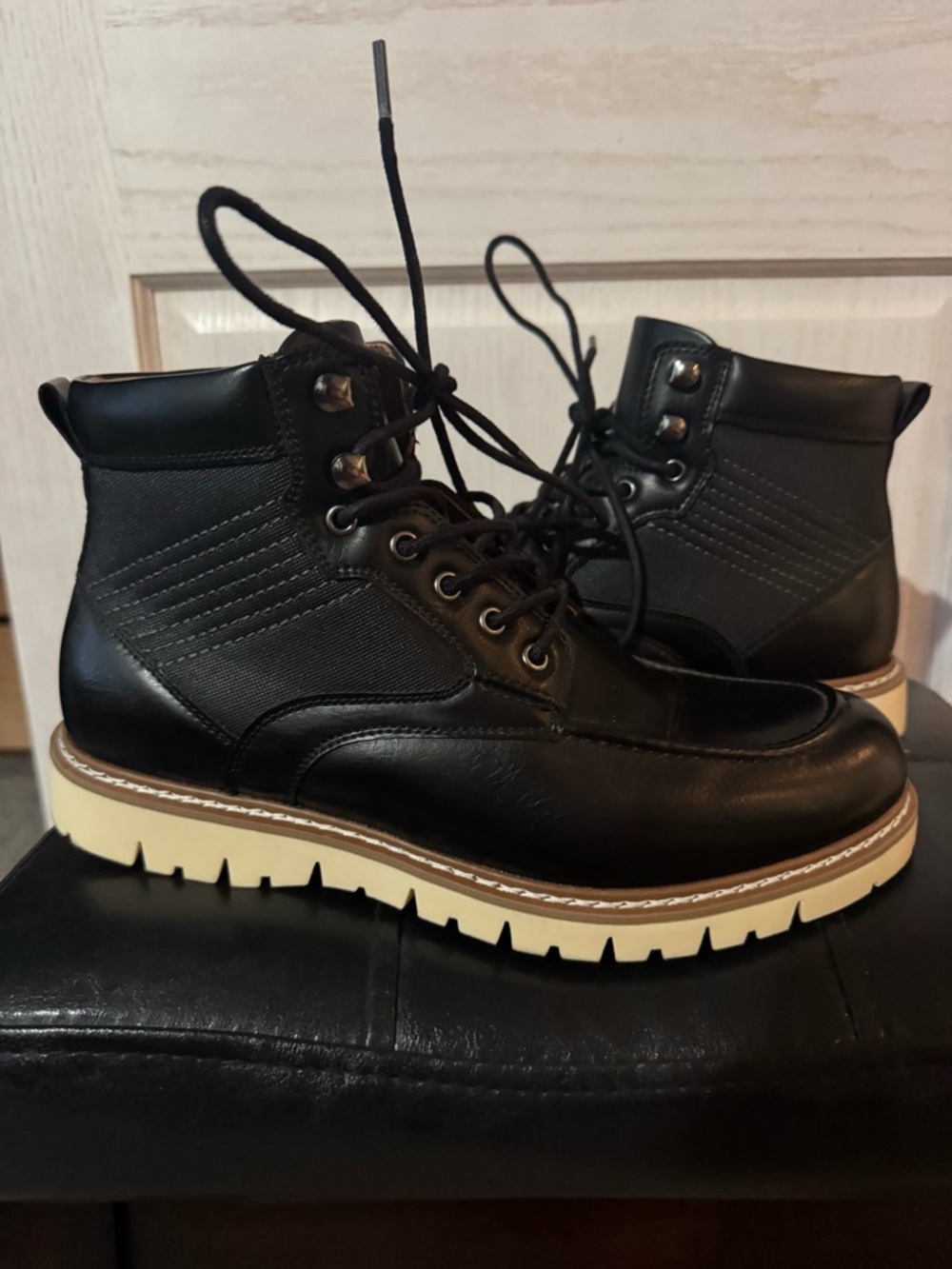 Steve Madden Black Lace-Up Boots with Cream Lug Sole